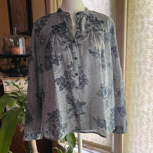 Lucky Brand Blue Floral Cotton Chambray Top